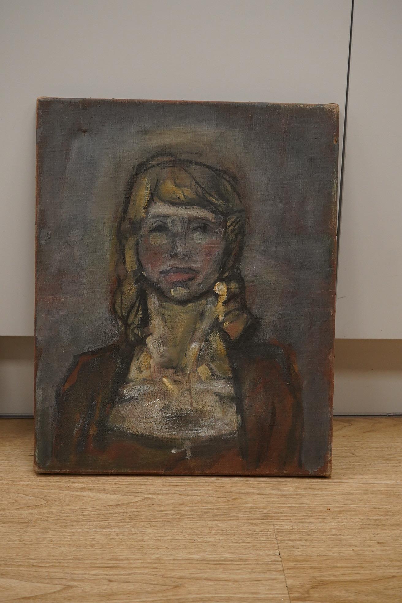 Edward Wakeford (1914-1973) oil on canvas, Head and shoulders portrait of a girl, unsigned, label verso, 51 x 41cm, unframed. Condition - fair, dent to canvas upper left